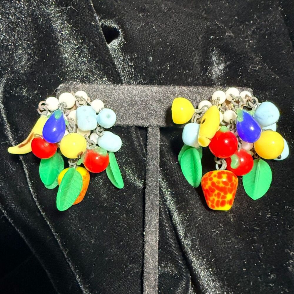 Vintage 1950s Japan Glass Fruit Salad Cluster Clip-On Earrings Tutti Frutti